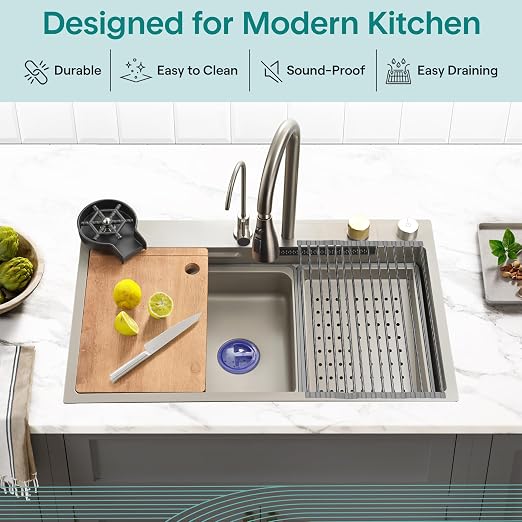 SereneLife Stainless Steel Kitchen Sink | Undermount & Drop-In Installation |13 Gauge & 30"L x 18"W x 9"H IN | Includes Faucet, Drain Rack, Strainer Basket, Cutting Board & Cup Washer | Gray
