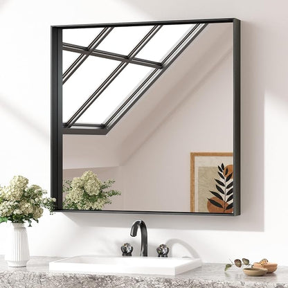 Keonjinn 30x30 Inch Matte Black Bathroom Mirror for Over Sink, Square | HD Tempered Glass, Vanity Mirror, Brushed Framed, Square Corner, Modern Farmhouse, Wall Mounted Mirrors, Aluminum Alloy