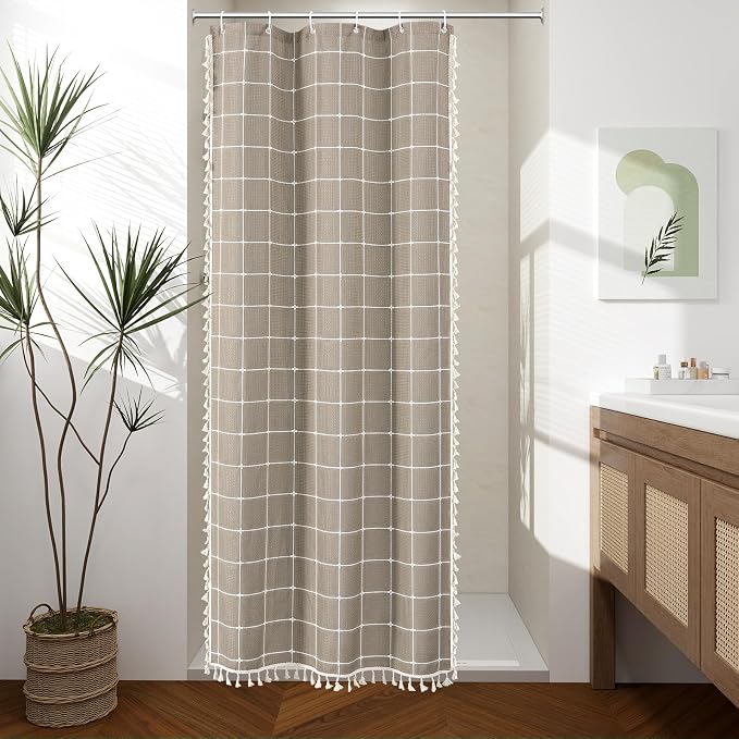 Small Stall Boho Farmhouse Shower Curtain for Bathroom 36x72 | Narrow Half French Country Plaid Tassel Shower Curtain, Rustic Aesthetic Bathroom Decor Windows Curtain, Taupe