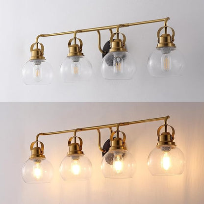 JONATHAN Y 34" Brass Gold/Oil Rubbed Bronze Shirley 4-Light Bathroom Vanity Light, Metal Wall Sconce, Clear Seeded Glass Shade, Modern Transitional Farmhouse Fixture, LED Bulbs Included (JYL7406B)