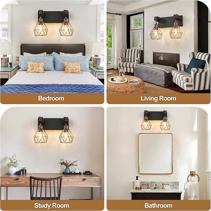 maesta Bathroom Vanity Light, 2 Light Farmhouse Fixture Over Mirror | Farmhouse Bathroom Light Fixtures, Wood & Metal, Black Gold, Anti-Rust Easy to Install for Rustic Bathroom Hallway