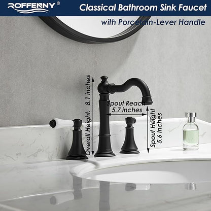 Porcelain 2-Handle Bathroom Faucet Matte Black 8 inch Widespread with Plastic Pop-Up Drain & 2Pcs Water Supply Lines, Classical 3-Hole Vanity Sink Faucets, High Arc 360° Swivel Brass Spout