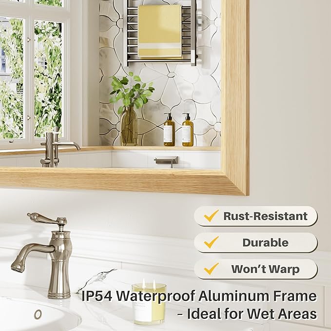 72x32 Inch Bathroom Mirror for Wall, Anti-Rust Oak Wood Grain Metal Framed Bathroom Mirrors for Over Sink,Rectangler Mirrors for Bathroom Vanity, Farmhouse, Bedroom, Living Room, Entryway Decor