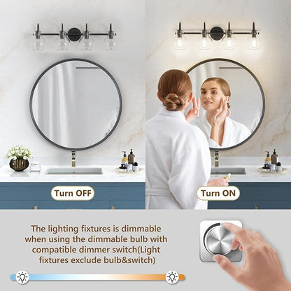 4 Lights Bathroom Vanity Light Fixtures Over Mirror Black Modern | 24in Large Wall Sconce,Matte Black,Globe Glass Shade,E26 Base,UL Certified,Anti-Rust,Damp Rated,Bathroom Bedroom Living Room