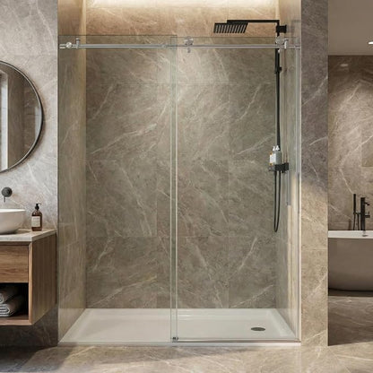 Glass Shower Door 56–60 Inch W x 76 Inch H,Frameless Sliding Shower Door with Fixed Panel, 8mm Coated Tempered Glass, Stainless Steel Round Track, Brushed Nickel