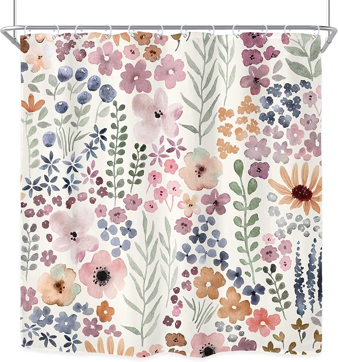 Extra Long Cute Floral Flower Watercolor Rustic Bathroom Shower Curtain Set | 72"W x 78"H Botanical Girls; waterproof HD print, quick-dry fabric with 12 hooks for easy hanging.