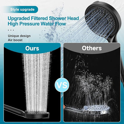 Handheld Filtered Shower Head, 6 Inch High Pressure Hand held Shower Head with Filters for Hard Water, 6 Spray Modes Detachable Showerhead with Hose, Matte Black