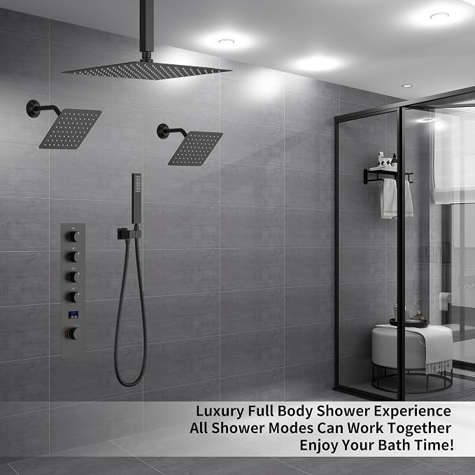 Matte Black Shower System with 3 Rain Shower Head(12+8+8 inch), Handheld Spray, 4 Way Smart Temperature Display Shower Faucet set
