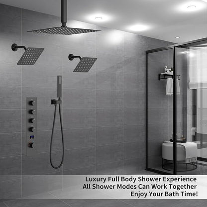 Matte Black Shower System with 3 Rain Shower Head(12+8+8 inch), Handheld Spray, 4 Way Smart Temperature Display Shower Faucet set