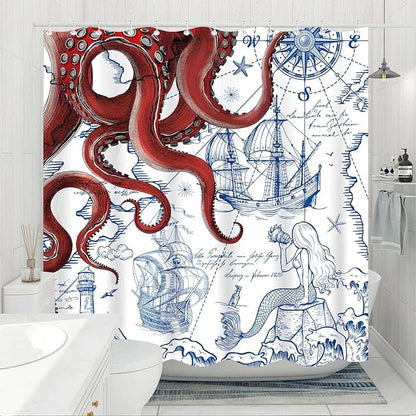 Fungarth Red Nautical Octopus Shower Curtain Navy Blue Mermaid Funny Ocean Kraken Shower Curtains for Bathroom Cool Anchor Coastal Map Waterproof Fabric Bath Curtain Decor with Hooks (Red, 72” x 72”)