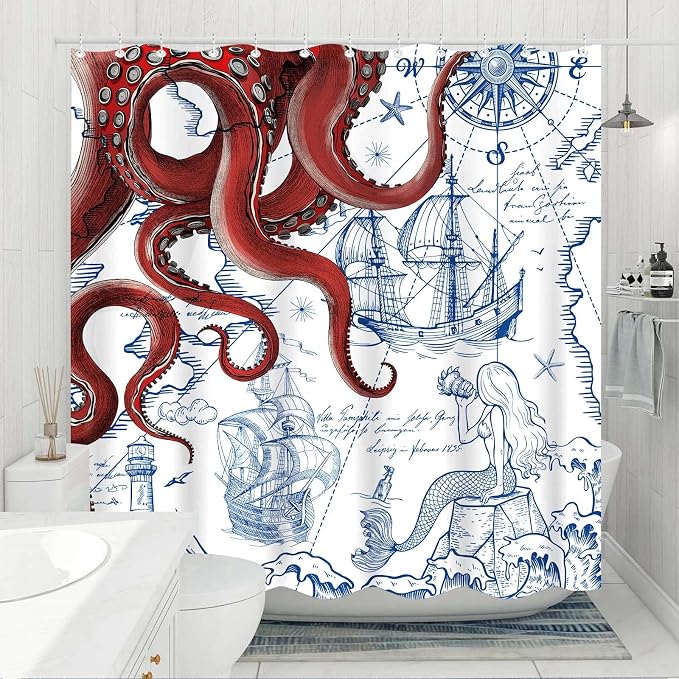 Fungarth Long Red Nautical Octopus Shower Curtain Navy Blue Mermaid Funny Ocean Kraken Shower Curtains for Bathroom Cool Anchor Coastal Map Waterproof Fabric Bath Curtain Decor (Red, 72” x 78”)