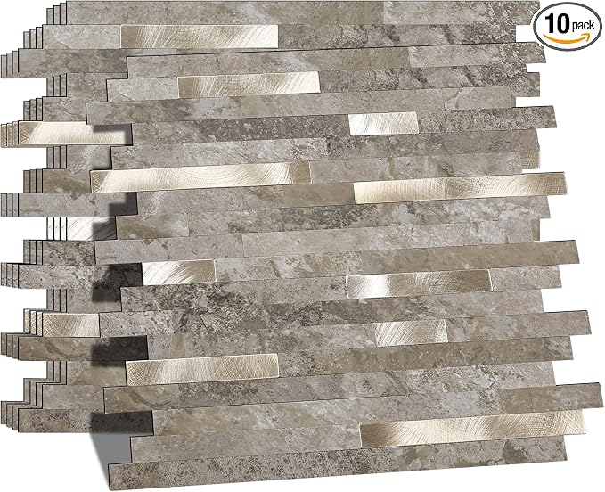 KASARO Peel and Stick Marble Backsplash Tile, 10 Sheets, Slate Marble with Vintage Silver Stripes, Self-Adhesive Wall Tile for Kitchen, Bathroom, Fireplace, RV (11.4” x 10.6”)