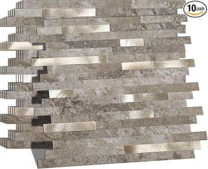 KASARO Peel and Stick Marble Backsplash Tile, 10 Sheets, Slate Marble with Vintage Silver Stripes, Self-Adhesive Wall Tile for Kitchen, Bathroom, Fireplace, RV (11.4” x 10.6”)
