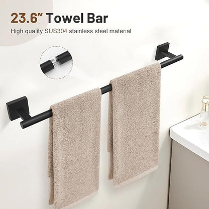 Matte Black Bathroom Hardware Set, 5-Piece Bath Towel Bar Set with 23.6” Towel Bar, Towel Ring, Toilet Paper Holder, Two Hooks, SUS304 Towel Racks for Bathroom Wall Mounted