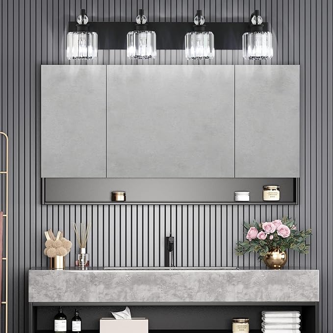 Ralbay Black Crystal Vanity Light Fixtures 4 Light Crystal Bathroom Vanity Lights Fixtures Over Mirror Modern Matte Black Bath Wall Lights