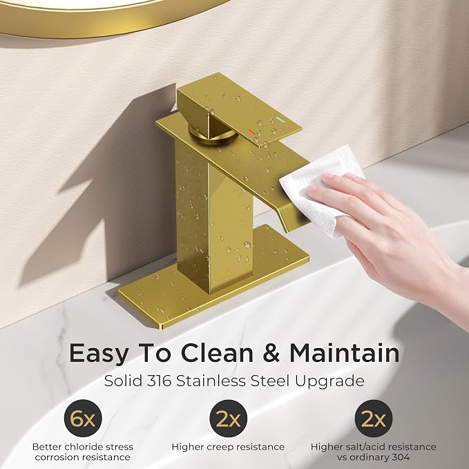 FORIOUS Bathroom Faucet 1 Hole Single Handle Vanity Faucets Brushed Gold | Sqaure Waterfall Spout, 1 or 3 Hole 4 Inch Centerset Sink with Drain and Hoses, for Vanity Rv Commercial Lavatory Restroom