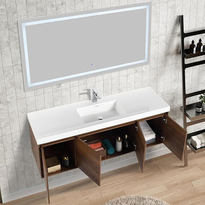 Blossom 60 Inch Bathroom Vanity with Sink, Wall Mounted Floating Bathroom Vanity Cabinet with Acrylic Sink, All Wood Soft Close Doors and Storage, Space Saving Design, Brown Walnut Finish