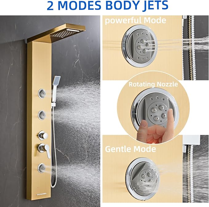 6 in1 Multi-Function Shower Panel Tower System-Brushed Gold | 304 stainless steel Shower Panel Column Tower with Powerful Body Massage, Rainfall, Waterfall,Handheld and Tub Spout