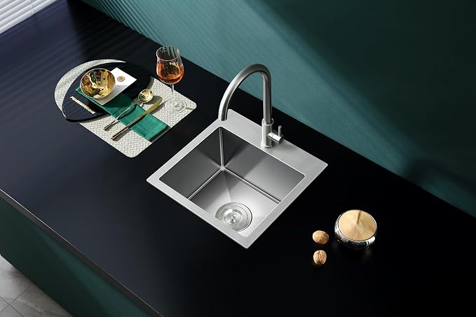 Brushed Topmount Kitchen Sink - 15”×15” Single Bowl Sink | 8 Inch Deep Handmade Bar Sink with Strainer, Stainless Steel 304, Center Drain, X-Groove Drainage, Sound-Dampening Pad