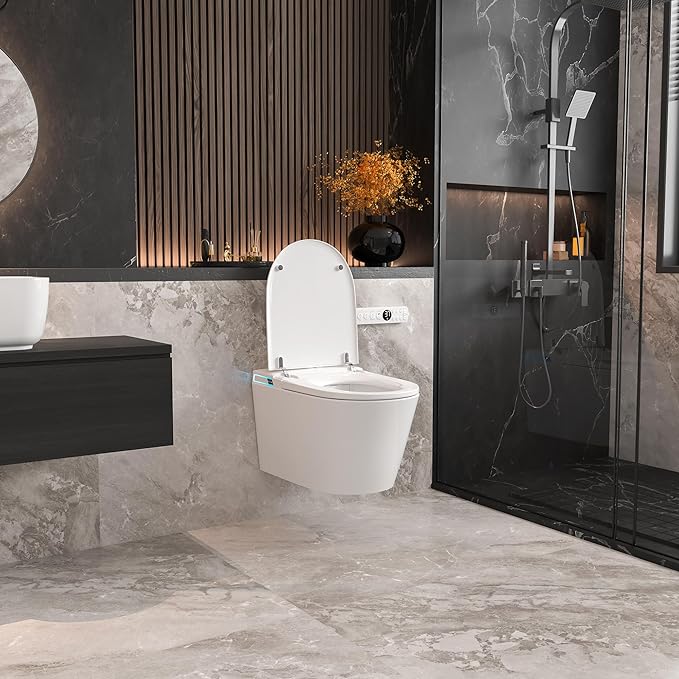 Smart Wall Hung Toilet Combo,Auto Flush, Auto Open/Close LId,Heated Seat,Warm Water/Dryer, Modern Elongated Bidet Toilet with In wall Carrier (No need to buy an additional Water Tank)