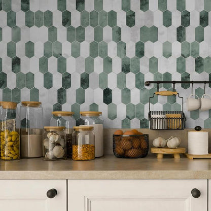 The Tiles Plaza 10-Sheet Peel and Stick Backsplash, 12" x 11.5" Green Cement Long Hexagon Self Adhesive Wall Tile, Stone Composite Stick On Decorative Mosaic Tile for Kitchen Bathroom Fireplace