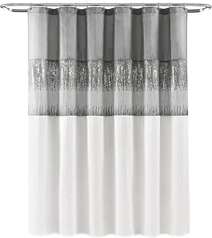 Lush Decor Night Sky Shower Curtain, Single, 72" W x 72" L, Gray & White - Sequin Shower Curtain - Sparkly Color Block Bath Curtain - Modern Glam Bathroom Decor
