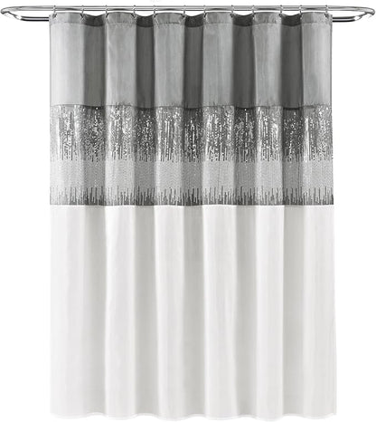 Lush Decor Night Sky Shower Curtain, Single, 72" W x 72" L, Gray & White - Sequin Shower Curtain - Sparkly Color Block Bath Curtain - Modern Glam Bathroom Decor