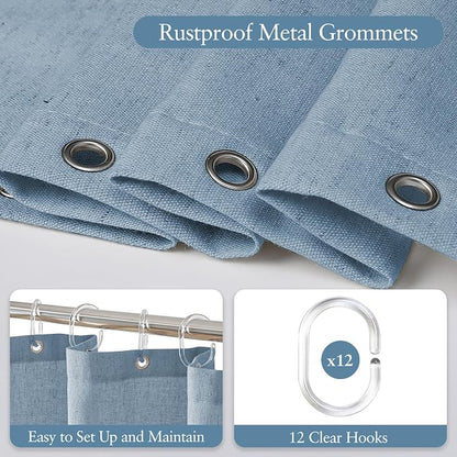 Linen Scallop Shower Curtain with 12 Hooks, Waterproof, 72x72, Fog Blue | Waterproof Heavy Duty Thick Fabric with Black Border, Minimalist Neutral Boho Farmhouse Bathroom Décor