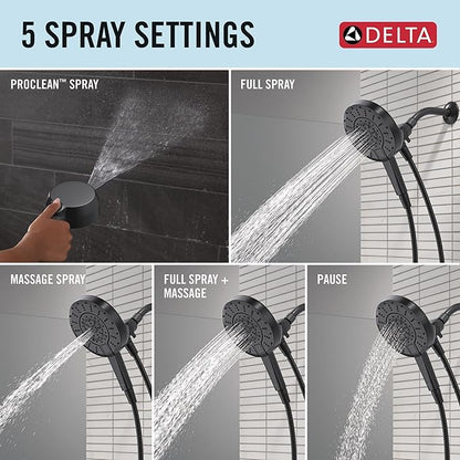 Delta 5-Setting In2ition 2-in-1 Dual Shower Head with Handheld High Pressure ProClean Spray, Matte Black Detachable Shower Head with Hose, 1.75 GPM Flow Rate, Matte Black 75548BL