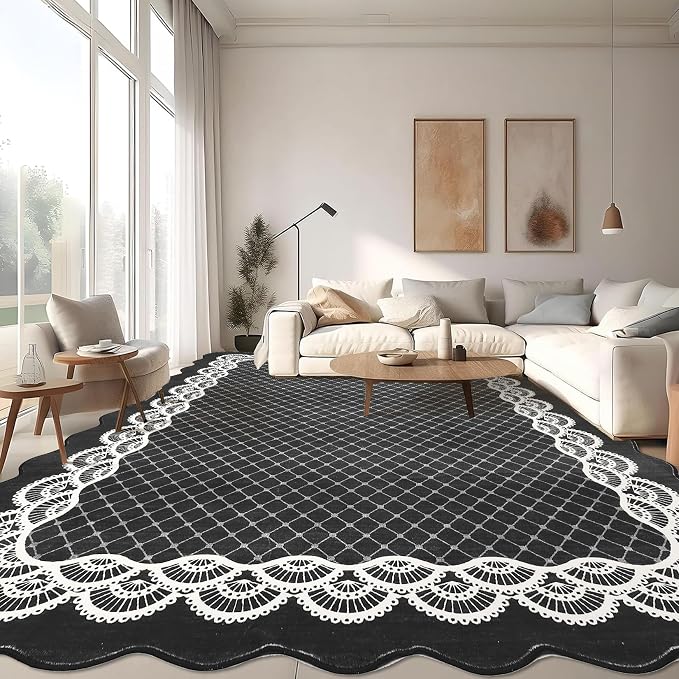 GarveeHome Washable 8x10 Area Rug Scalloped Black Rug, Modern Neutral Living Room Rugs, Large Scalloped Farmhouse Rug Abstract Bordered Carpet for Bedroom Apartment Table Dorm Nursery, Black