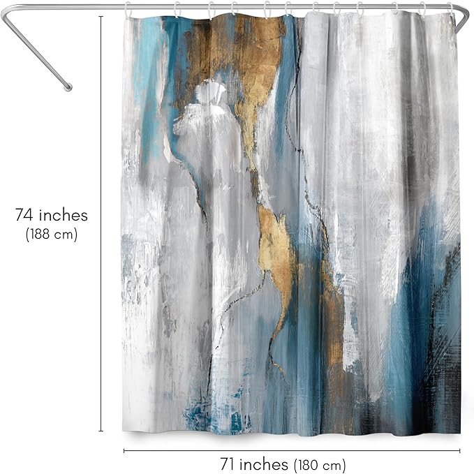 Americanflat 71x74 Marbled Texture Shower Curtain - Water-Resistant Long Shower Curtain with Durable Metal Grommets and 12 Hooks - 100% Polyester - Slate Blue, Warm Gold, Grey and White