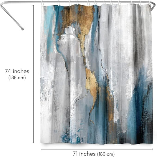 Americanflat 71x74 Marbled Texture Shower Curtain - Water-Resistant Long Shower Curtain with Durable Metal Grommets and 12 Hooks - 100% Polyester - Slate Blue, Warm Gold, Grey and White