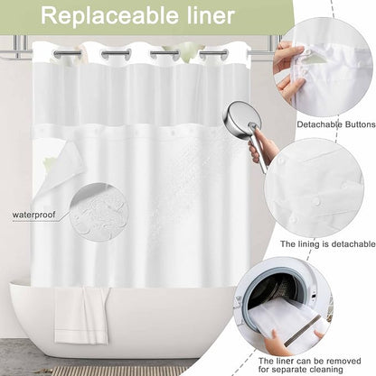 No Hook Shower Curtain and Liner Set, Light Green Floral 71x74 | Watercolor Boho Flower, with Snap in Liner, Mesh Top Window, Waterproof, Machine Washable, Quick-Drying, for Hotel Bathroom