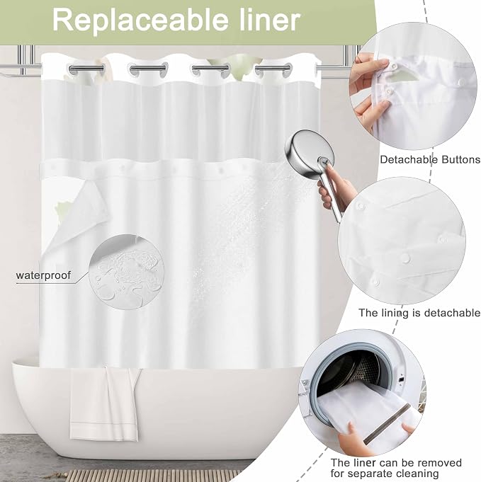 No Hook Shower Curtain and Liner Set, Light Green Floral 71x77 | Watercolor Boho Flower, with Snap in Liner, Mesh Top Window, Waterproof, Machine Washable, Quick-Drying, for Hotel Bathroom