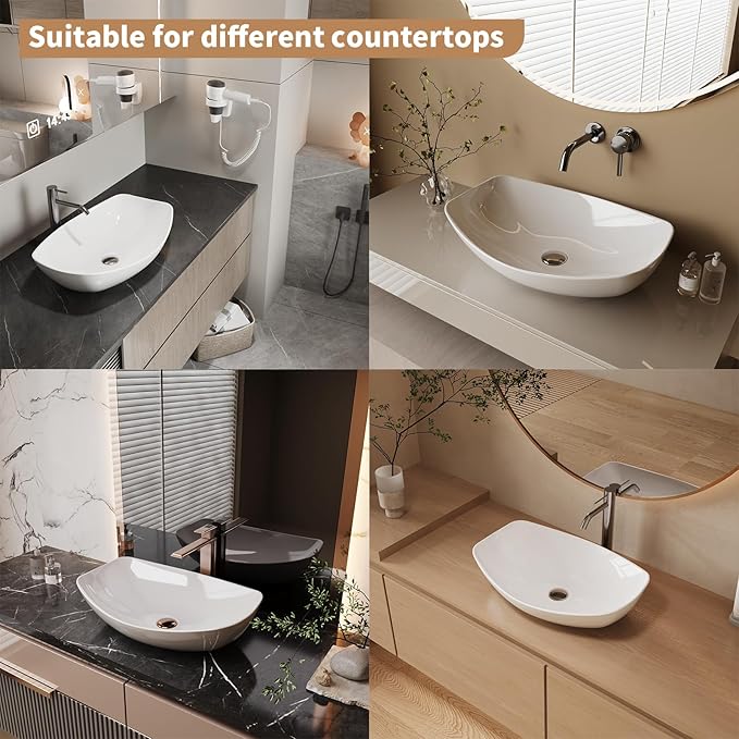 22"X16" Bathroom Vessel Sink Boat Shape Above Counter Oval White Porcelain Ceramic Modern Vanity Sink Art Basin