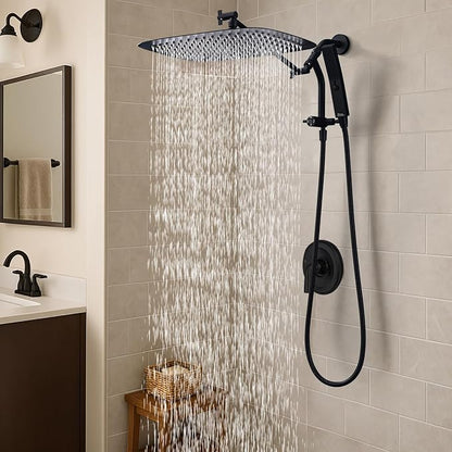 G-Promise 16 Inch All Metal Rain Shower Head with Handheld (Matte Black) | Suits Every Height, Pause Mode Diverter, Massage Mode Handheld, Full Body Coverage, Easy to Install, Modern Bath Upgrade