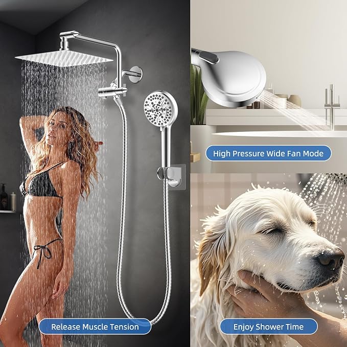 10" Metal Rainfall Shower Head with 10-Mode Handheld, Chrome | NSF/ANSI/CAN 372 Certified, High Pressure Showerhead Combo with 11" Adjustable Shower Arm, 71" Hose, Shower Head Holder