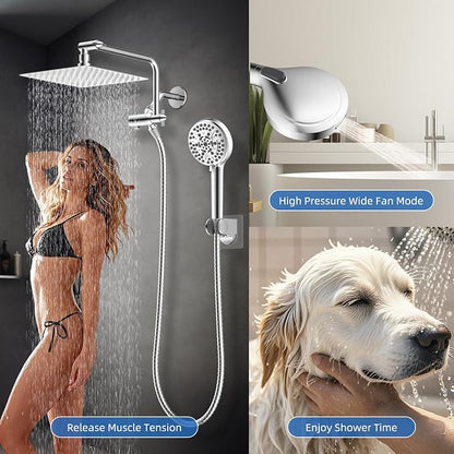 10" Metal Rainfall Shower Head with 10-Mode Handheld, Chrome | NSF/ANSI/CAN 372 Certified, High Pressure Showerhead Combo with 11" Adjustable Shower Arm, 71" Hose, Shower Head Holder