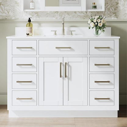 48-Inch Bathroom Vanity with Sink W/ 2 Doors & 8 Drawers & 1 Flip Drawer, White Vanity W/Brushed Nickel Handles