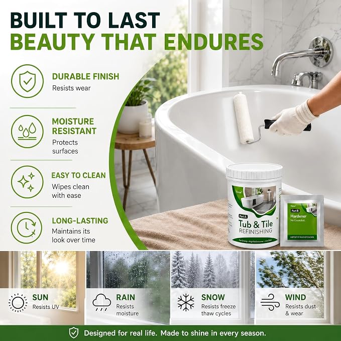 35 oz White Tub and Tile Paint, Semi-Gloss Refinishing Kit | Includes 8 Tools for Refinishing Tubs, Sinks and Tiles. Covers up to 60 Sq Ft with a Low Odor Formula.