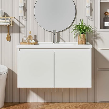 OLD CAPTAIN Bathroom Vanity with Ceramic Sink, 36 Inch Wall Mounted Bathroom Floating Vanity, Bathroom Sink Vanity with 2 Doors, Bathroom Vanity Cabinet, White