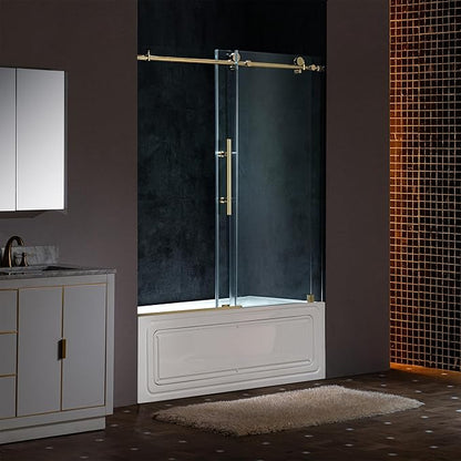 Woodbridge Frameless Single Sliding Shower Doors in Brushed Gold Finish, 57.5-60" Width x 62" Height with 3/8"(10mm) Clear Tempered Glass, Soft Close System and Explosion-Proof Film, BSDC6062-BG
