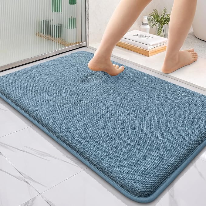 OLANLY Thick Memory Foam Bathroom Rugs 36x24, Absorbent Bath Mat, Airy Blue | Soft Quick Dry Bath Rugs, Non-Slip, Machine Washable Carpet for Bathroom Floor, Tub and Shower, Home Decor Accessories