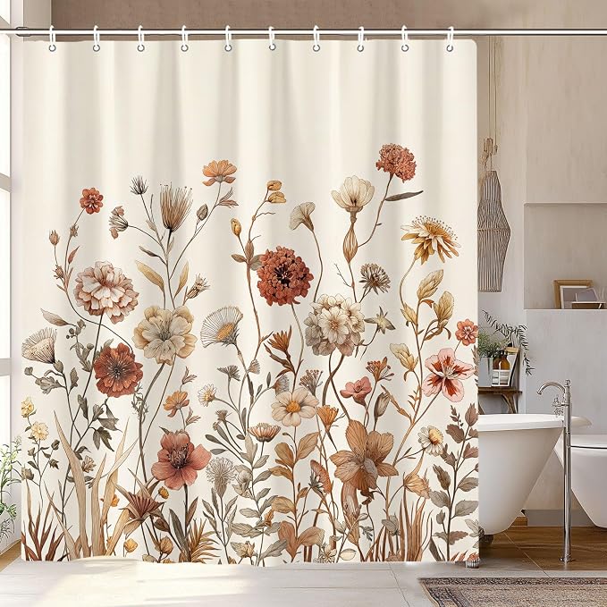 Vintage Boho Beige Floral Shower Curtain, Brown Cream Tan Rustic Farmhouse Flower Shower Curtain Set, Cute Botanical Wlidflowers Fabric Shower Curtains Decoration, 60X72 Aesthetic Bathroom Accessories