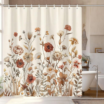 Vintage Boho Beige Floral Shower Curtain, Brown Cream Tan Rustic Farmhouse Flower Shower Curtain Set, Cute Botanical Wlidflowers Fabric Shower Curtains Decoration, 60X72 Aesthetic Bathroom Accessories