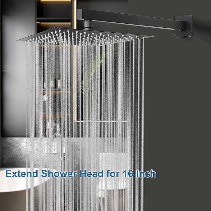 Shower Head with Extension Arm, High Pressure Square with ShowerArm, Stainless Steel Rainfall-Waterfall Full Body Coverage (10'' Shower with 16'' Arm, Matte Black)