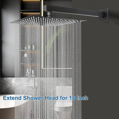Shower Head with Extension Arm, High Pressure Square with ShowerArm, Stainless Steel Rainfall-Waterfall Full Body Coverage (10'' Shower with 16'' Arm, Matte Black)