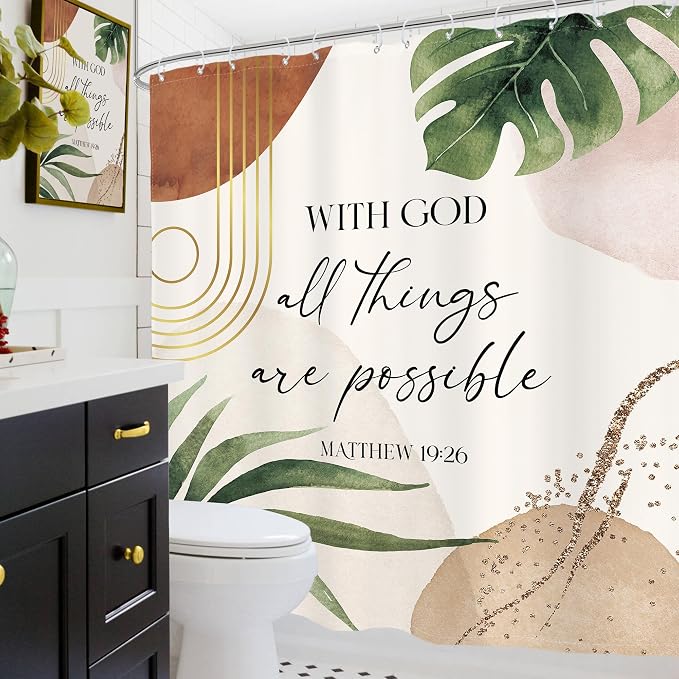 Glawry Boho Bible Verse Shower Curtain Extra Long Bathroom Curtain Set | Inspirational Abstract Scriptures Quotes Palm Leaf Mid Century 72Wx78L Bathroom Decor Waterproof Fabric with Free Hooks