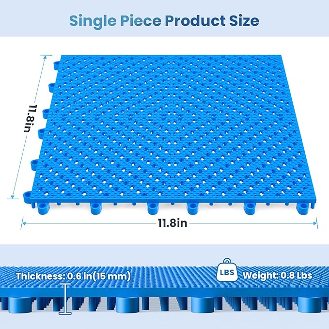 12-Pcs Interlocking Tile, Indoor/Outdoor Drainage Interlocking Floor Tiles 11.8" x 11.8", Anti-Slip Waterproof Soft PVC Splicing Flooring Tile for Garage Patio Pool Bathroom, Blue