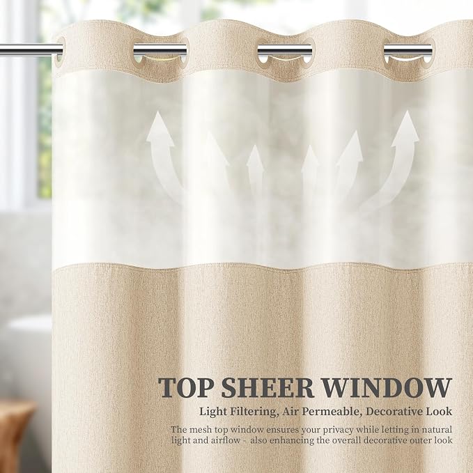 72x99 Ringless Linen Textured Shower Curtain with Snap in Liner, Cream | Extra Long Size, 3 in 1 Durable Fabric Shower Curtain, Removable Liner, Waterproof & Washable, Mesh Top Window, Easy Setup